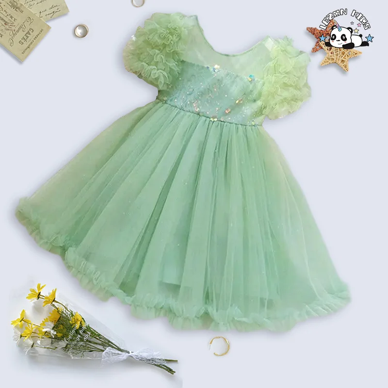 LEZONKIDS - 2024 Hot Sale Short Puff Sleeve Beautiful Girls Princess Tulle Dress for 8T Children Clothing